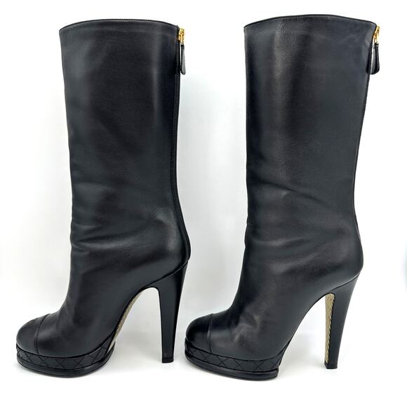CHANEL Black Leather CC Cap Toe Quilter Platform Heel Boots IT 36 - Picture 9 of 15